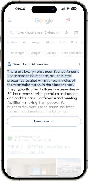 Google Search AI Overview hotels sydney